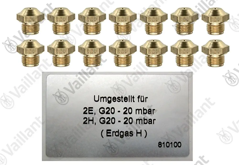Vaillant Umrüstsatz bestehend aus mehreren Messing-Brennerdüsen und einer Beschriftungstafel für die Umrüstung auf Erdgas H.